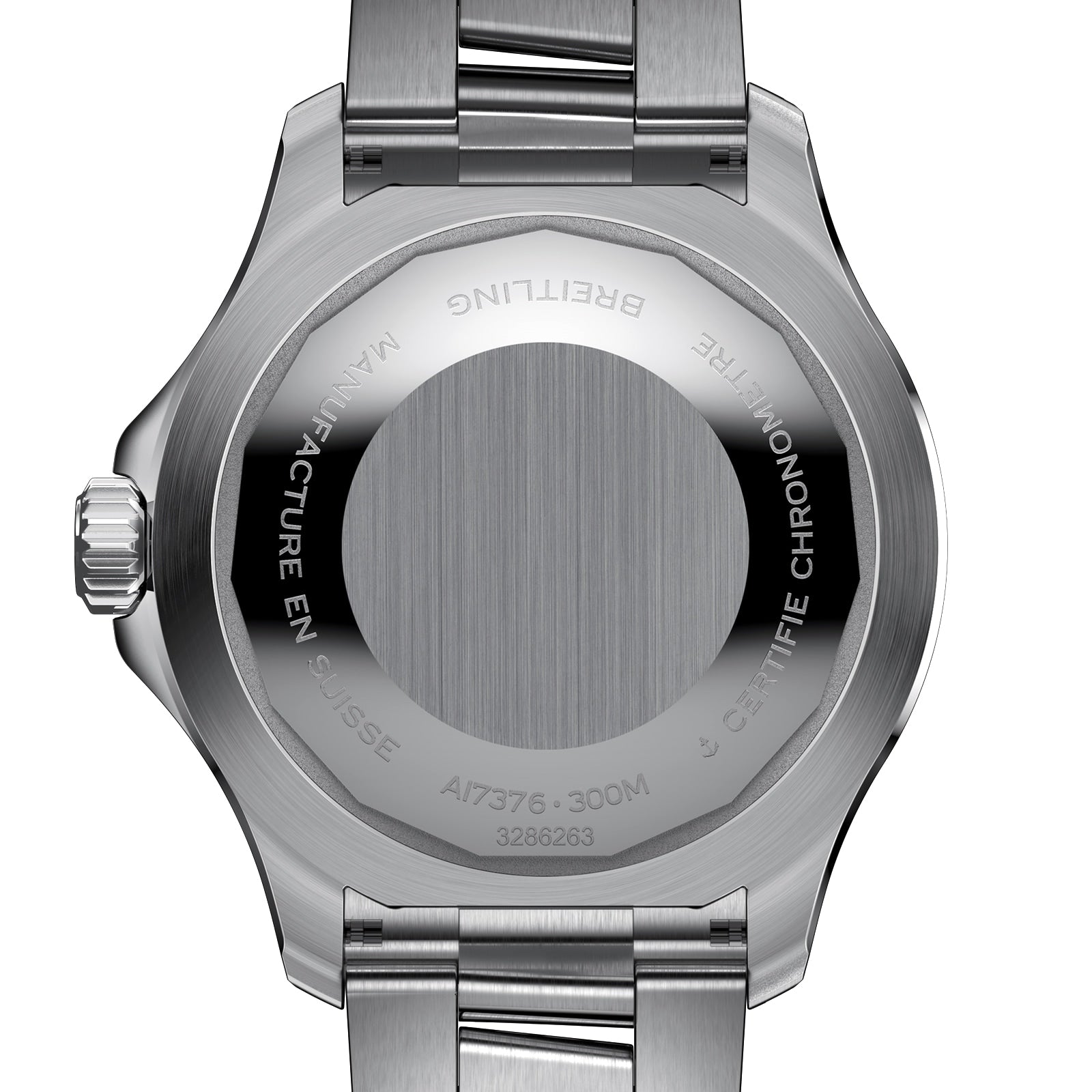 Back view of a stainless steel Breitling Superocean Automatic 44 showing engraved text around the edge, including BREITLING, MANUFACTURE EN SUISSE, CERTIFIE CHRONOMETRE, 300M water resistant, and automatic movement.