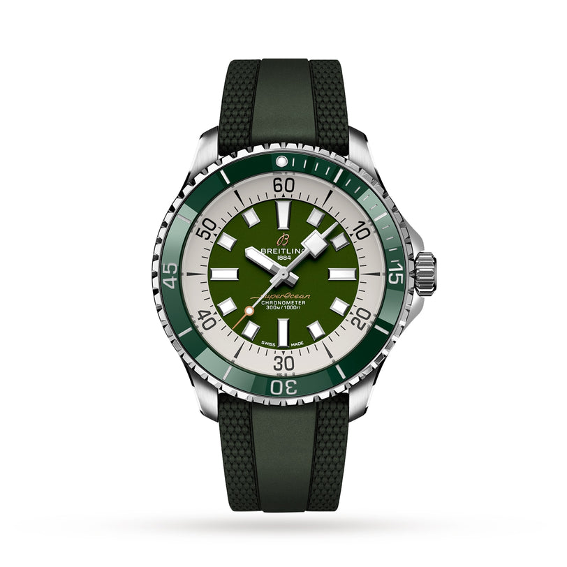 A Breitling Superocean Automatic 44 diving watch with a green rubber strap, silver bezel, and white hour markers is shown on a plain white background. This water-resistant timepiece offers both style and durability.