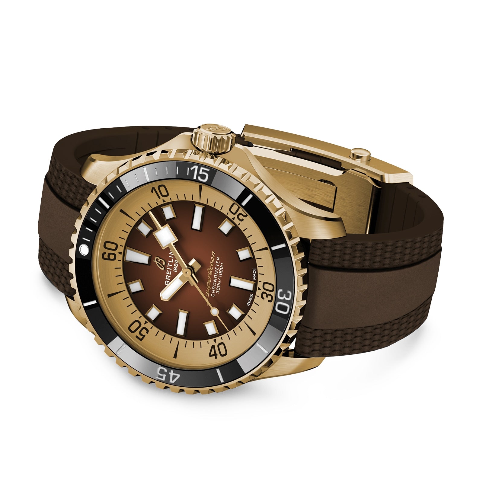 The Breitling Superocean Automatic 44 features a bronze case, brown face and bezel, white hour markers, and a textured brown strap, all shown in an angled display.