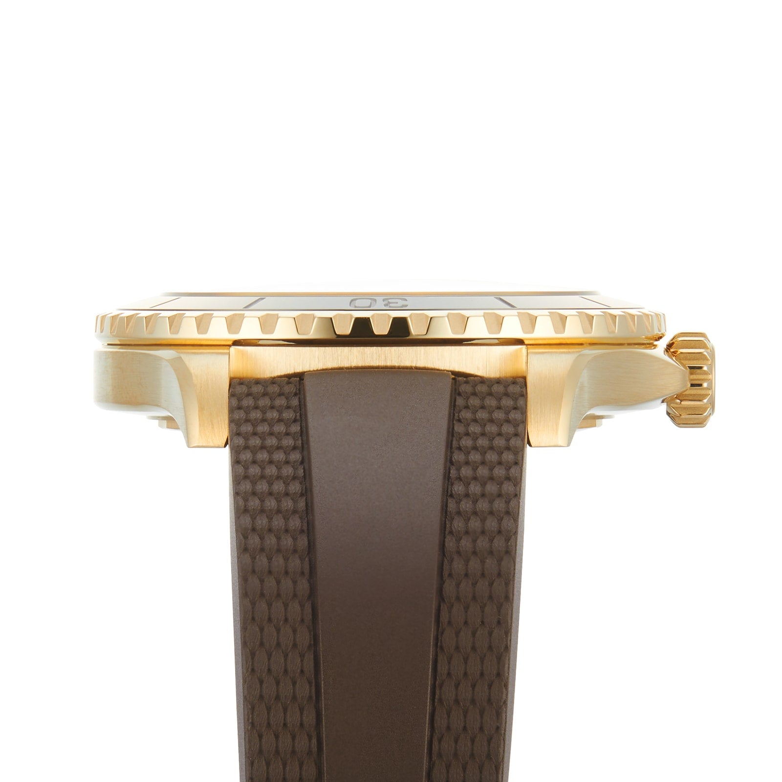 Side view of the Breitling Superocean Automatic 44, showcasing a gold wristwatch with a textured brown strap, bronze case, visible crown, and serrated bezel edge.