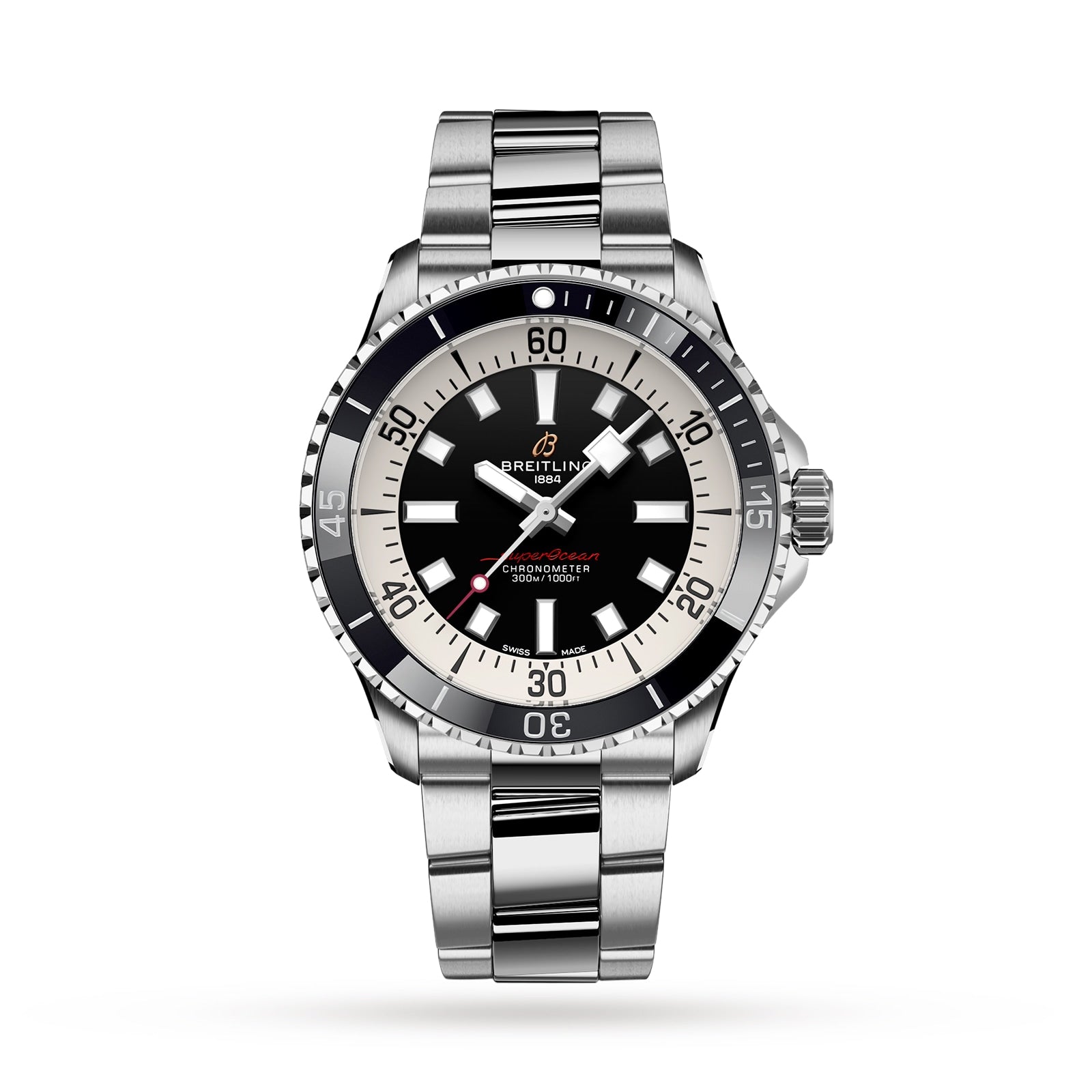 The Breitling Superocean Automatic 42 is a stainless steel dive watch inspired by the 1960s Slow Motion, with a black and white bezel, black dial, silver markers, metal bracelet, water resistance to 30 bar, and automatic Breitling 17 calibre.