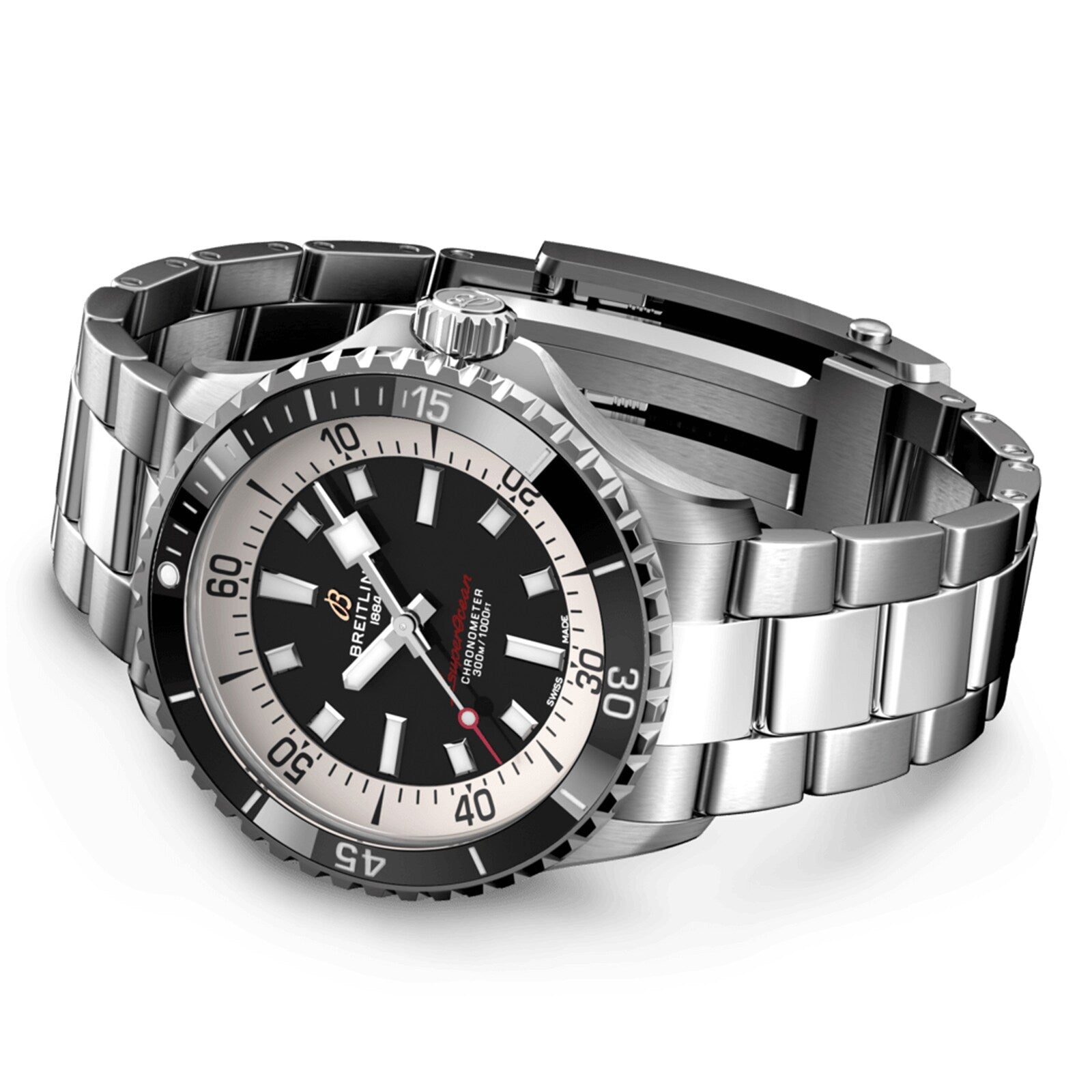 The Breitling Superocean Automatic 42 is a stainless steel wristwatch with a black and white dial, luminescent hands, and metal link bracelet, inspired by the 1960s Slow Motion dive watch, water resistant to 30 bar, shown on a white background.