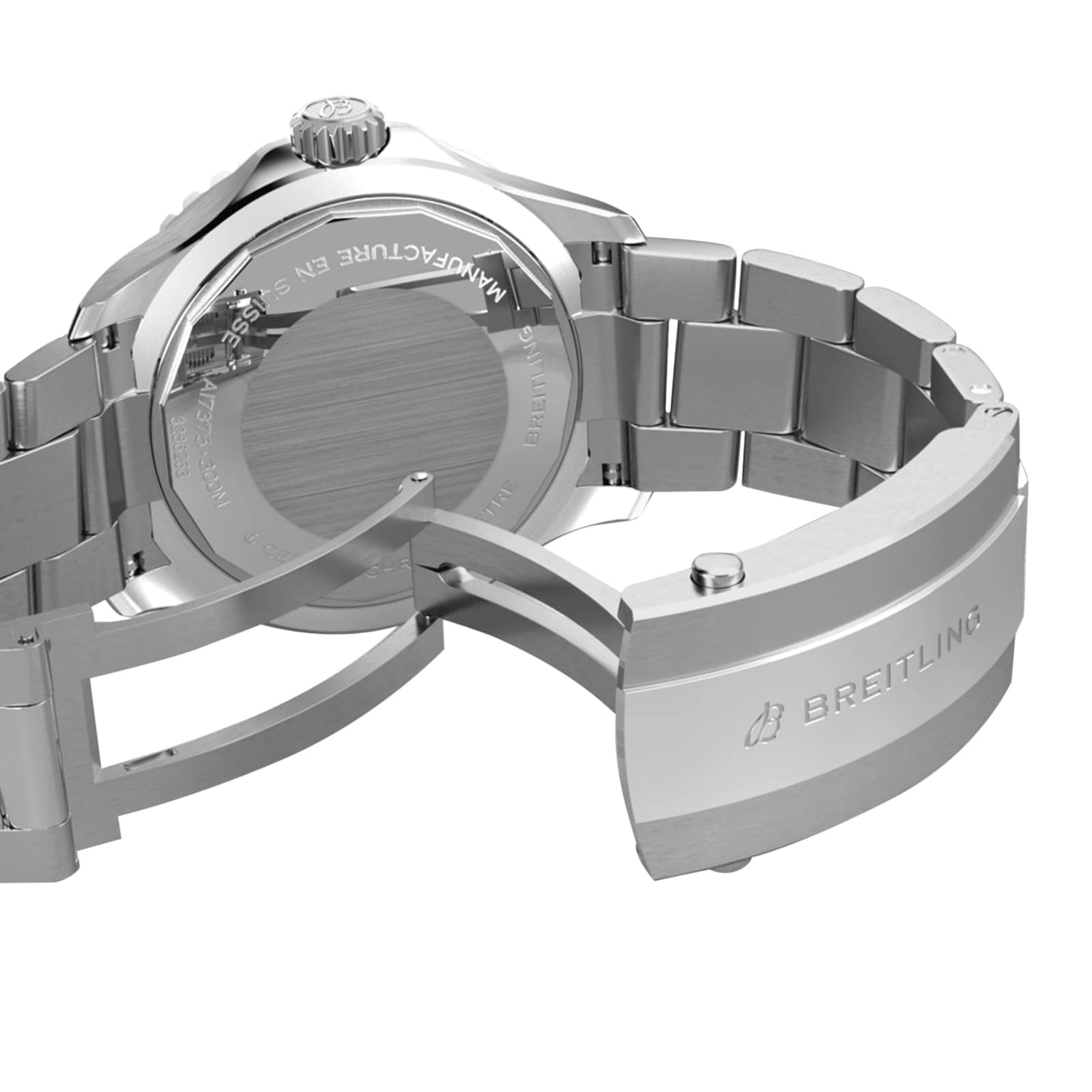 Close-up of the back of a stainless steel Breitling Superocean Automatic 42 with open clasp, showing engraved branding and metal bracelet details, inspired by the 1960s Slow Motion dive watch and water-resistant to 30 bar.