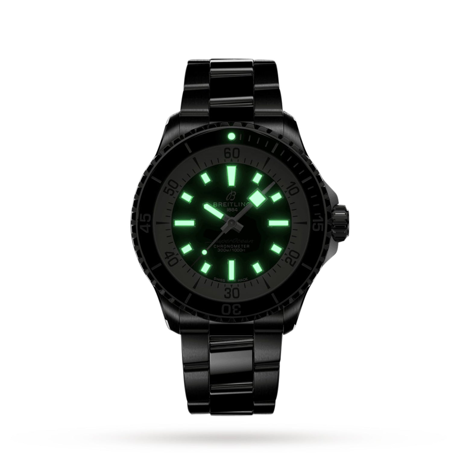 The Breitling Superocean Automatic 42 is a black wristwatch with a glowing green dial and markers, unidirectional bezel, metal bracelet, automatic Breitling 17 movement, and logo on the face. Inspired by the 1960s Slow Motion dive watch.