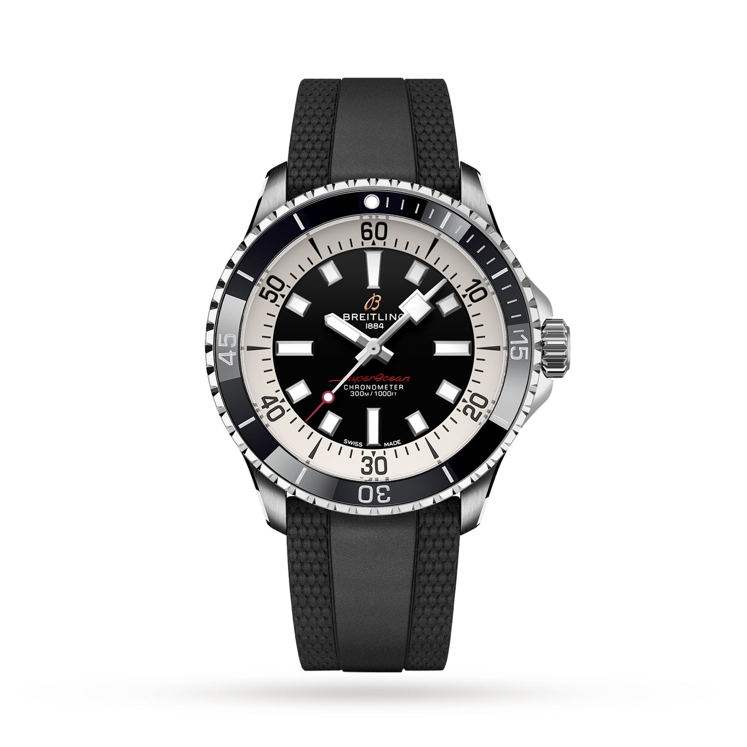 The Breitling Superocean Automatic 42 dive watch features a black dial, black and white bezel, silver markers, and a black rubber strap, powered by the Breitling 17 calibre, shown against a white background.