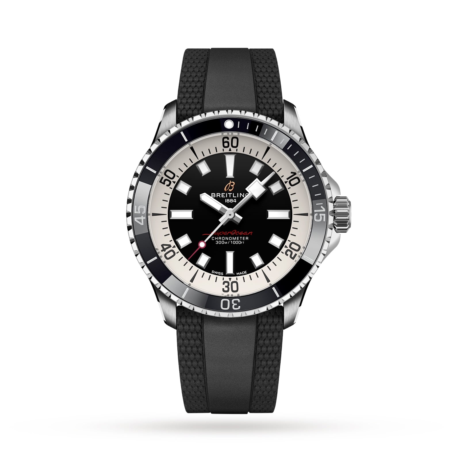The Breitling Superocean Automatic 42 dive watch features a black dial, black and white bezel, silver markers, and a black rubber strap, powered by the Breitling 17 calibre, shown against a white background.