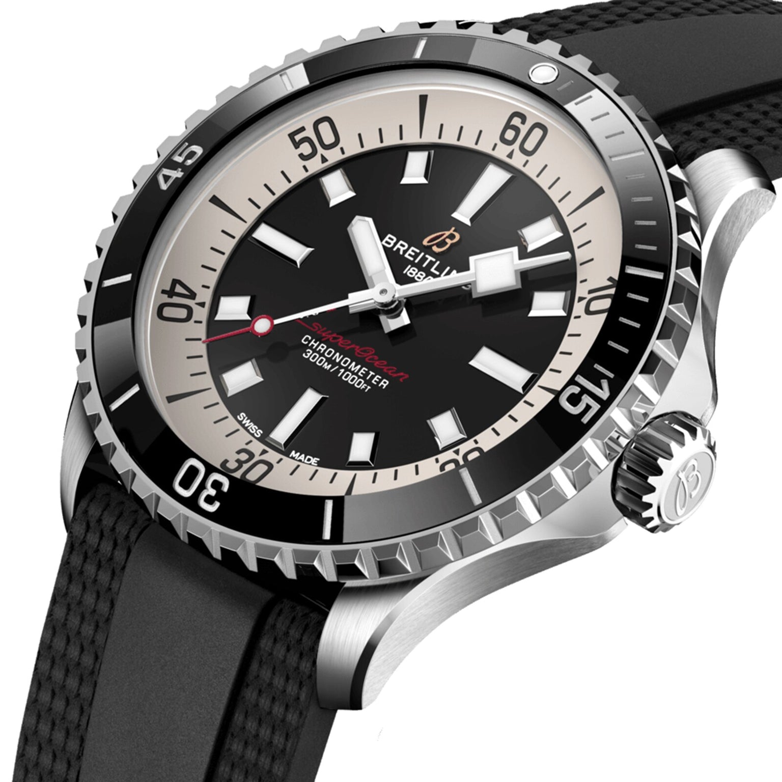 Close-up of the Breitling Superocean Automatic 42 dive watch featuring a black dial, bold white hour markers, rotating bezel, and black rubber strap, powered by the precise Breitling 17 calibre.