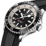 Close-up of the Breitling Superocean Automatic 42 dive watch featuring a black dial, bold white hour markers, rotating bezel, and black rubber strap, powered by the precise Breitling 17 calibre.