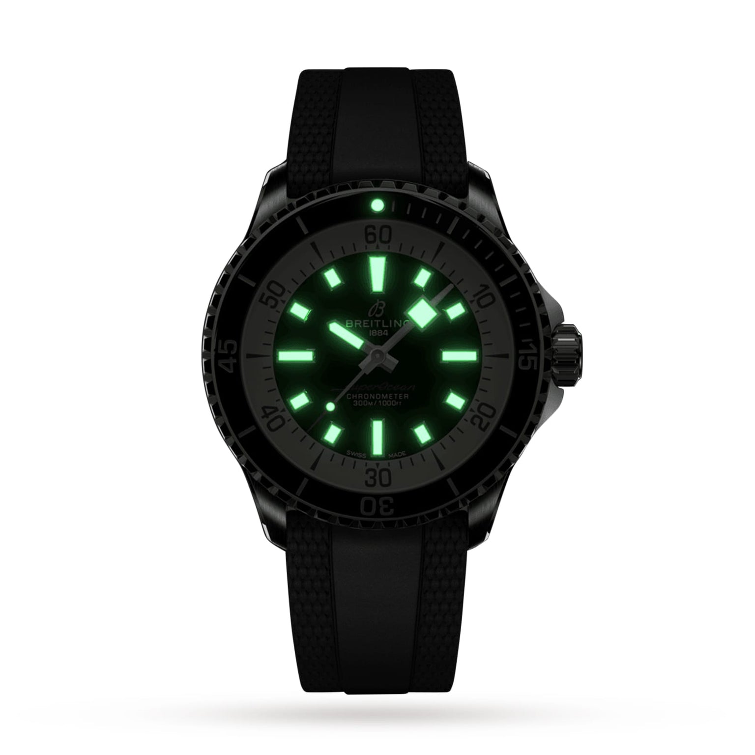 The Breitling Superocean Automatic 42 dive watch features a luminous green dial with markers, black bezel, and black rubber strap, displayed against a white background.