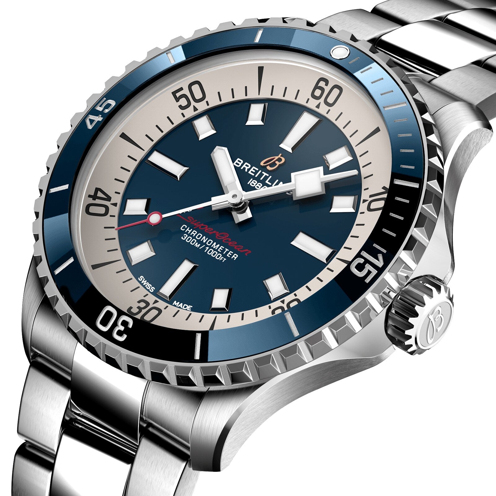 Close-up of the Breitling Superocean Automatic 42 dive watch with Super-LumiNova on its blue and beige dial, automatic movement, stainless steel case, and a rotating bezel.