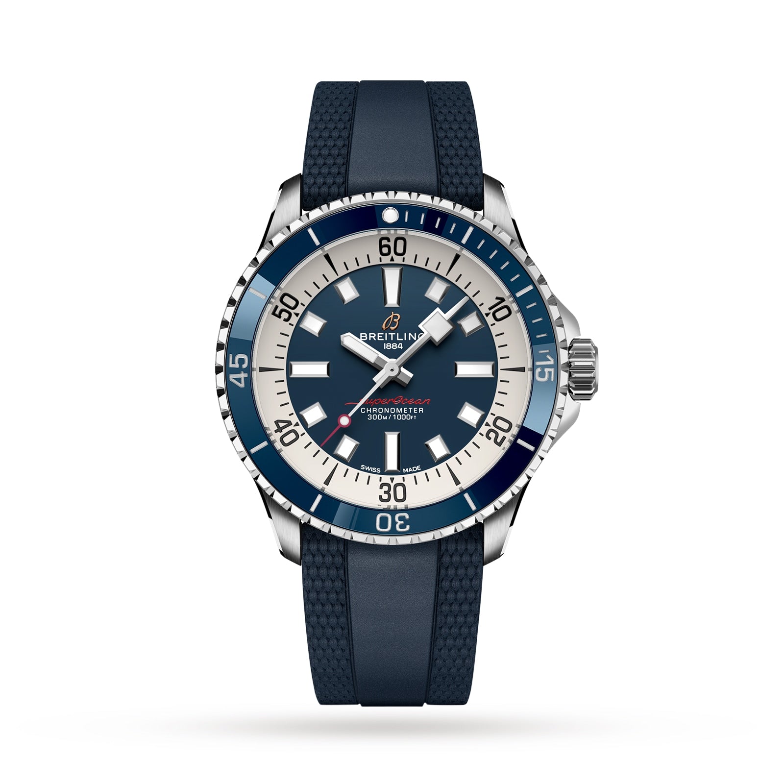 The Breitling Superocean Automatic 42 features a blue rubber strap, a blue and white dial, stainless steel case, rotating bezel, and is powered by the Breitling 17 calibre, shown on a white background.