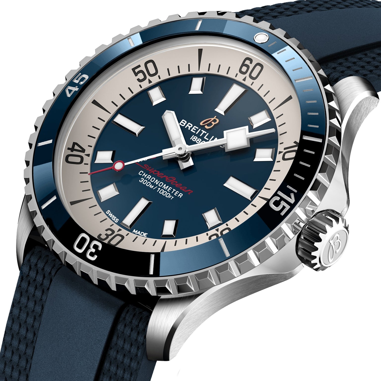 Close-up of the Breitling Superocean Automatic 42 dive watch, featuring a blue dial, white hour markers, rotating bezel, and textured blue strap. Powered by Breitling 17 calibre and water resistant to 300m.