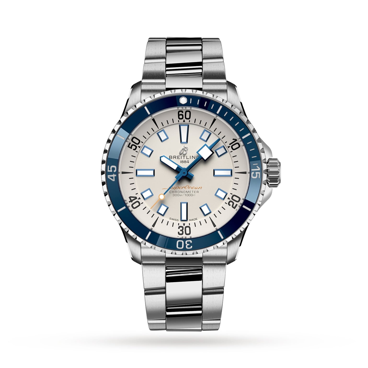 The Breitling Superocean Automatic 42 is a stainless steel dive watch featuring a blue and white dial, silver hour markers, and a metal link bracelet, shown on a white background.