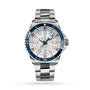 The Breitling Superocean Automatic 42 is a stainless steel dive watch featuring a blue and white dial, silver hour markers, and a metal link bracelet, shown on a white background.