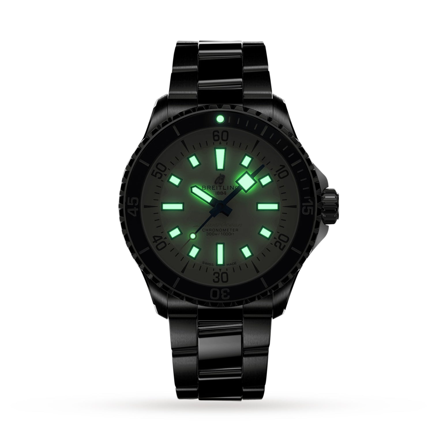 The Breitling Superocean Automatic 42 is a black metal dive watch with luminous green hour markers and hands, powered by the automatic Breitling 17 movement and shown against a white background.