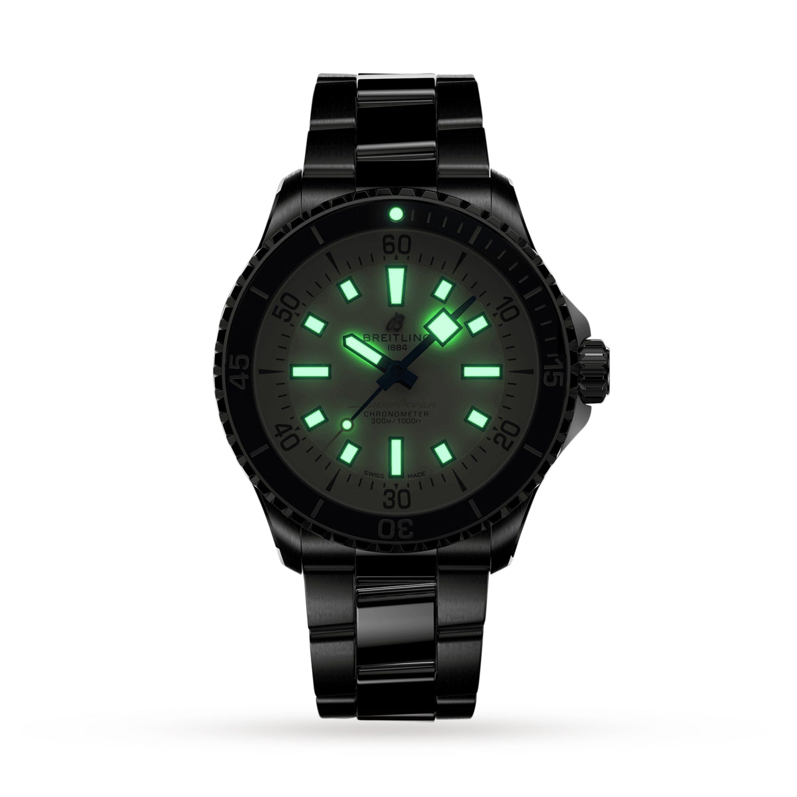 The Breitling Superocean Automatic 42 is a black metal dive watch with luminous green hour markers and hands, powered by the automatic Breitling 17 movement and shown against a white background.