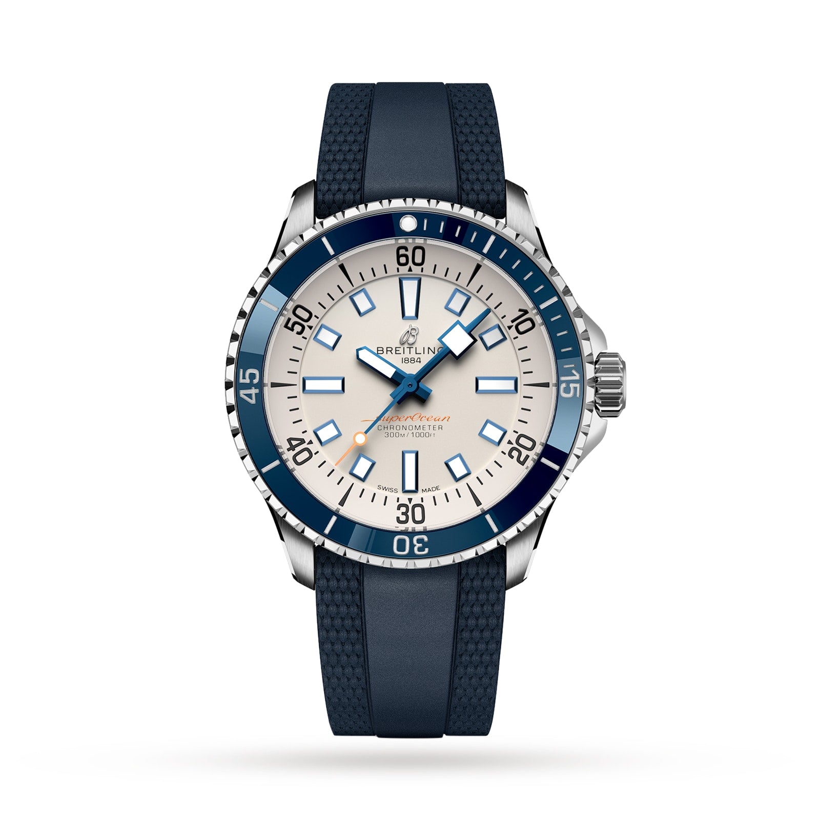 The Breitling Superocean Automatic 42 features a blue bezel, white dial, blue hour markers, and a textured blue rubber strap, powered by the Breitling 17 calibre and shown on a white background.