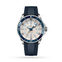 The Breitling Superocean Automatic 42 features a blue bezel, white dial, blue hour markers, and a textured blue rubber strap, powered by the Breitling 17 calibre and shown on a white background.