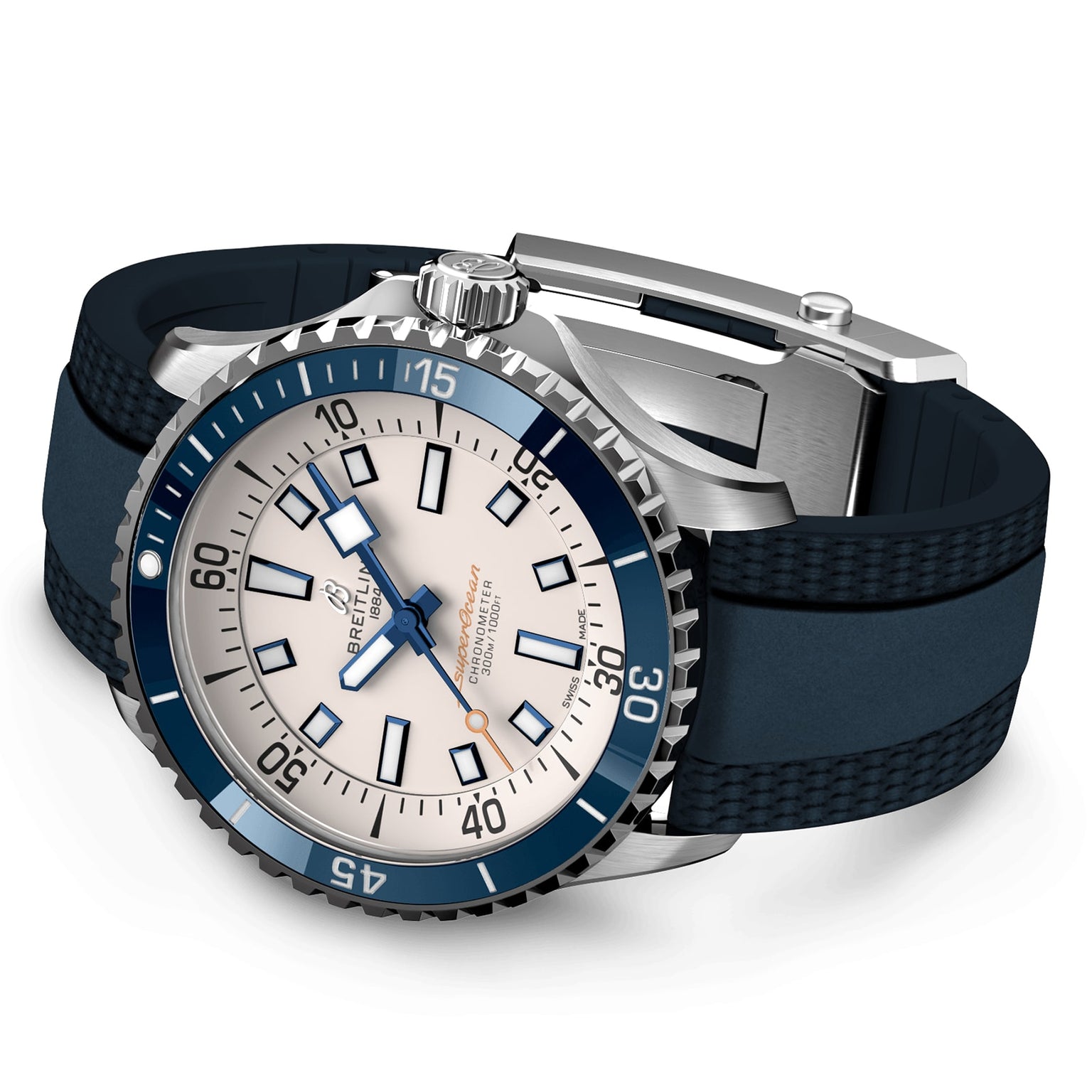 The Breitling Superocean Automatic 42 features a blue and white bezel, white dial, black hour markers, and black rubber strap, powered by the Breitling 17 calibre, shown against a plain background.