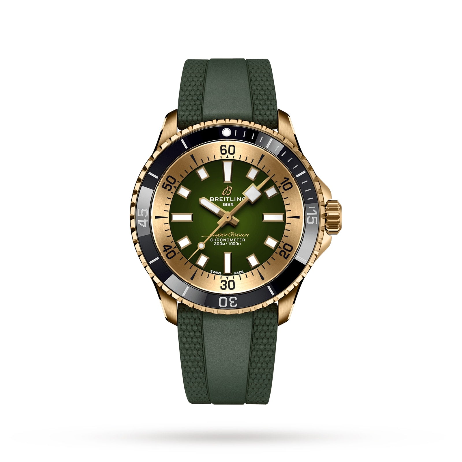 The Breitling Superocean Automatic 42 features a green dial with gold accents, a black and gold bezel, and a textured green rubber strap. Displayed against a white background, this watch is part of the Superocean collection.