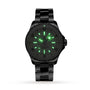 The Breitling Superocean Automatic 36 is a classic dive watch featuring a black stainless steel case with glowing green dial and hands, displayed against a white background.