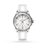 Breitling Superocean Automatic 36 dive watch with a white dial, Super-LumiNova markers, silver ceramic bezel, and textured white rubber strap, shown on a plain white background.