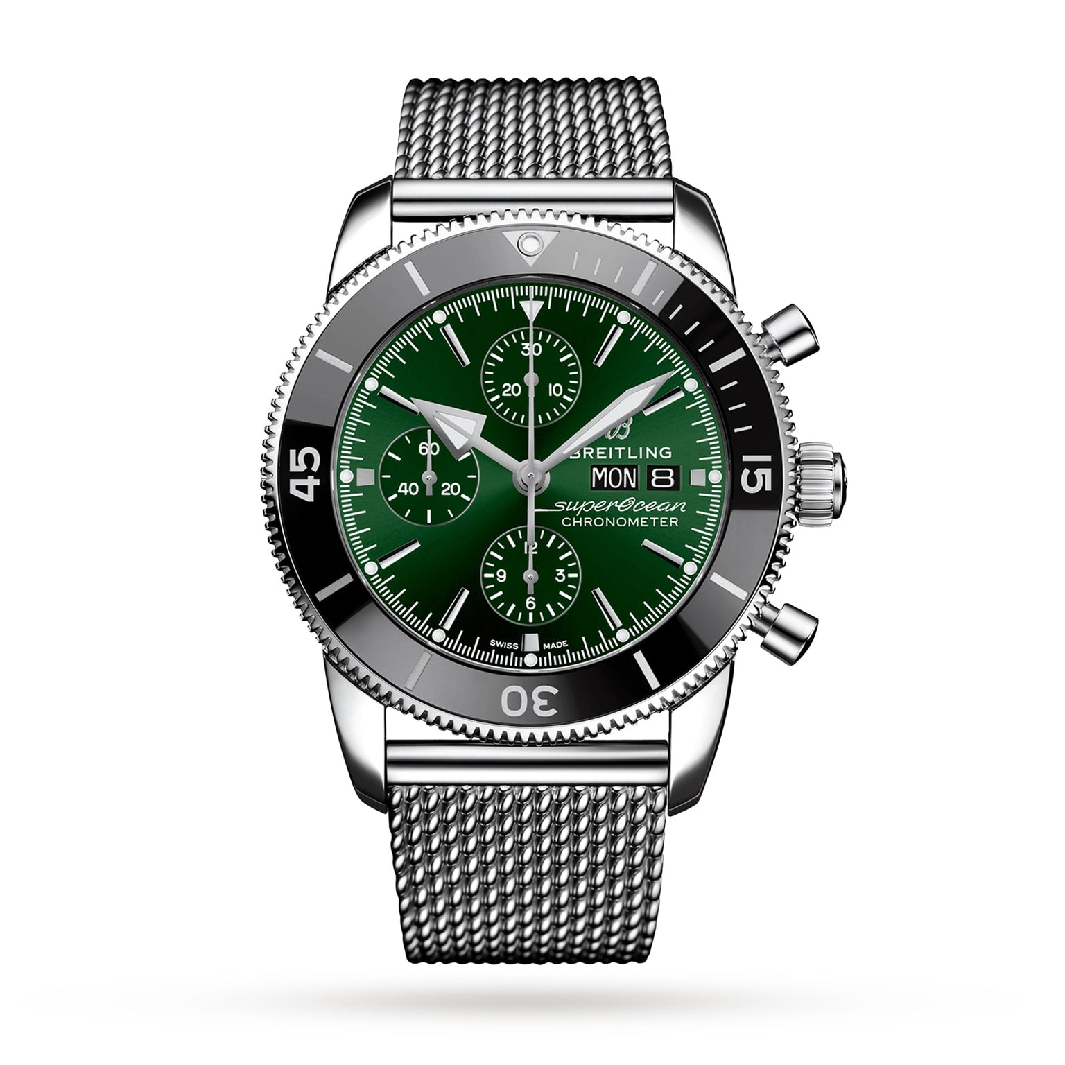 The Breitling Superocean Heritage Chronograph 44 is a stainless steel watch with a green dial, mesh metal bracelet, three subdials, day-date display, and robust Breitling 13 calibre movement inspired by the Superocean collection.