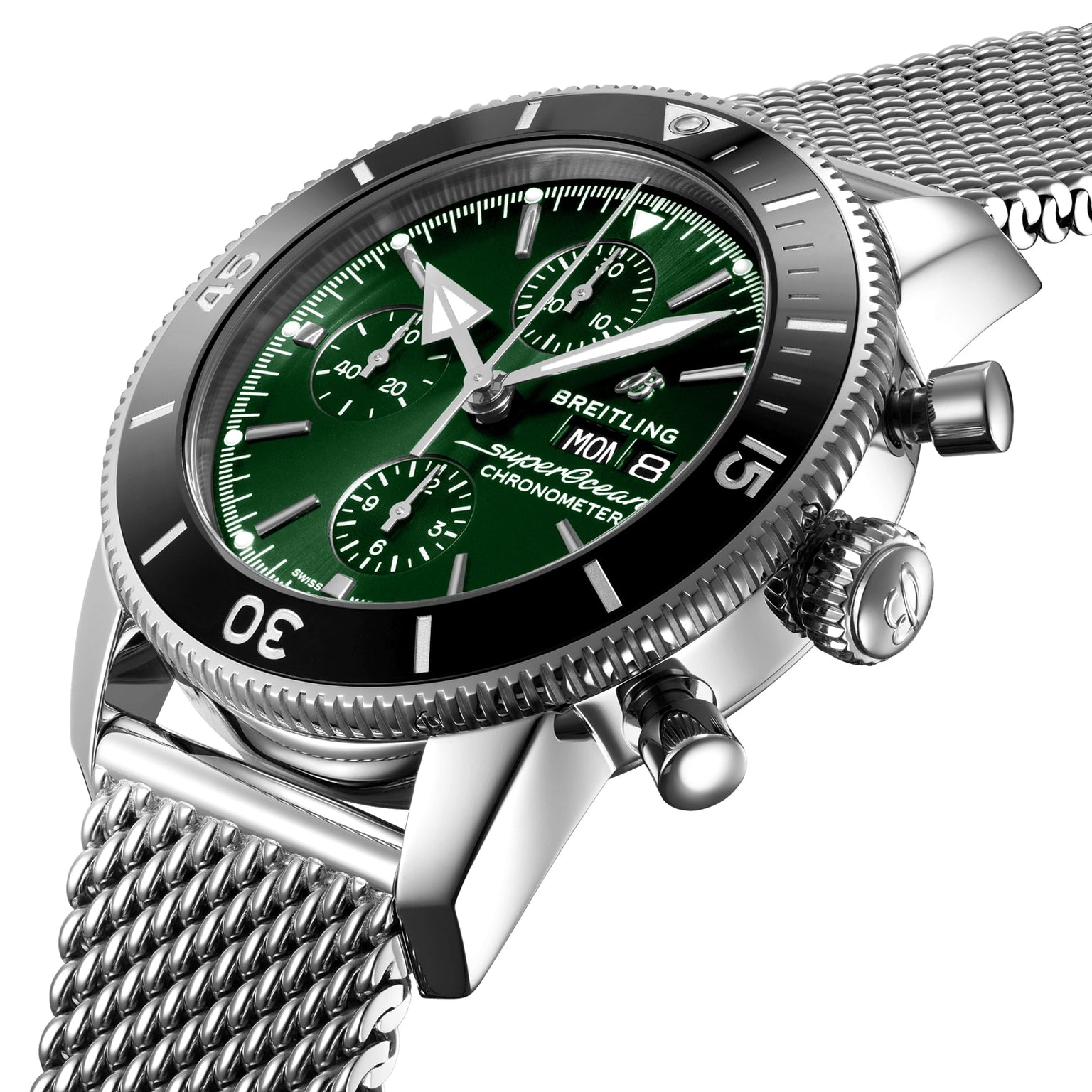 Close-up of the Breitling Superocean Heritage Chronograph 44, featuring a silver case, green dial, mesh metal band, date display, and chronograph functions.