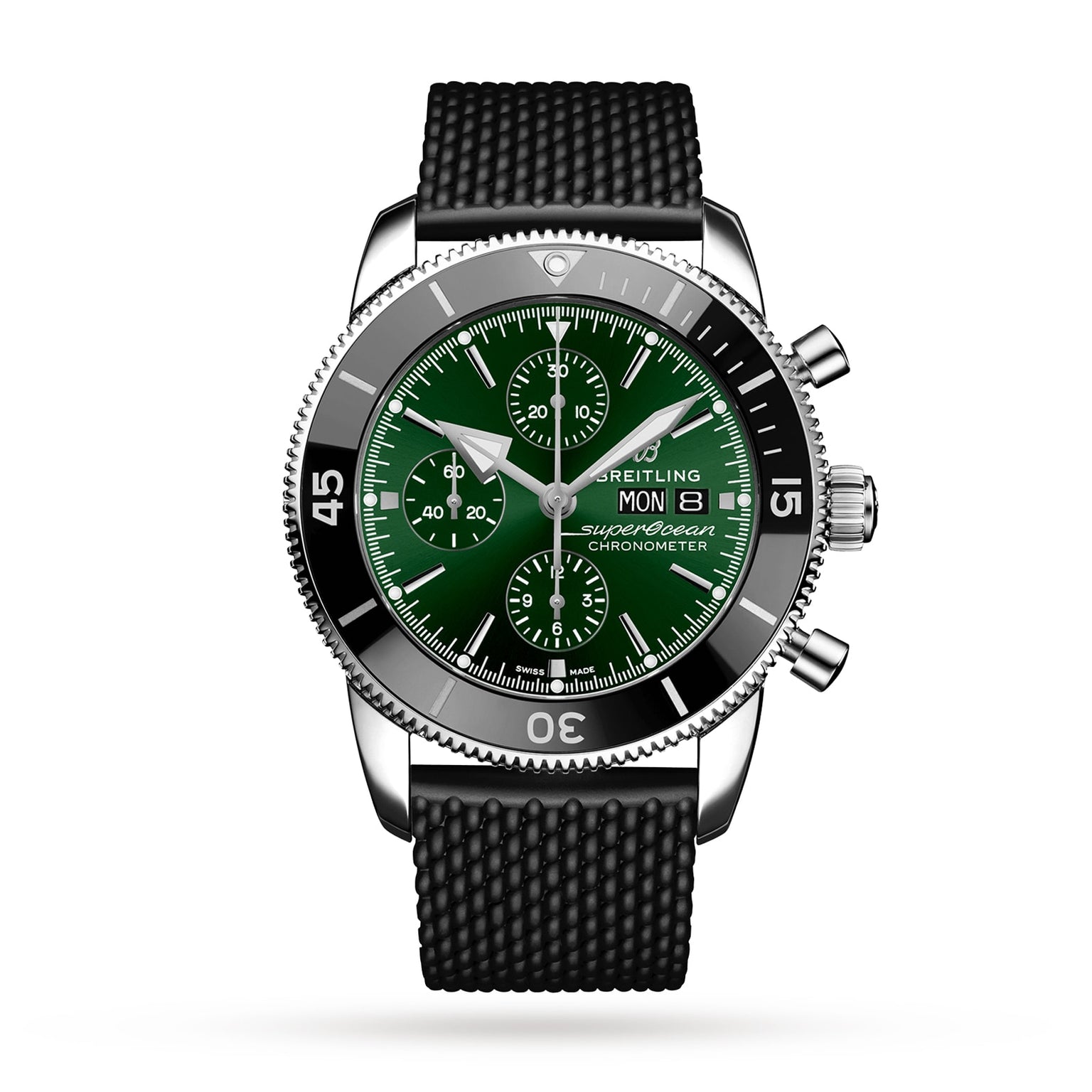The Breitling Superocean Heritage Chronograph 44 is a stainless steel watch with a green dial, black bezel, three subdials, date display, textured black rubber strap, and water resistance, shown against a white background.