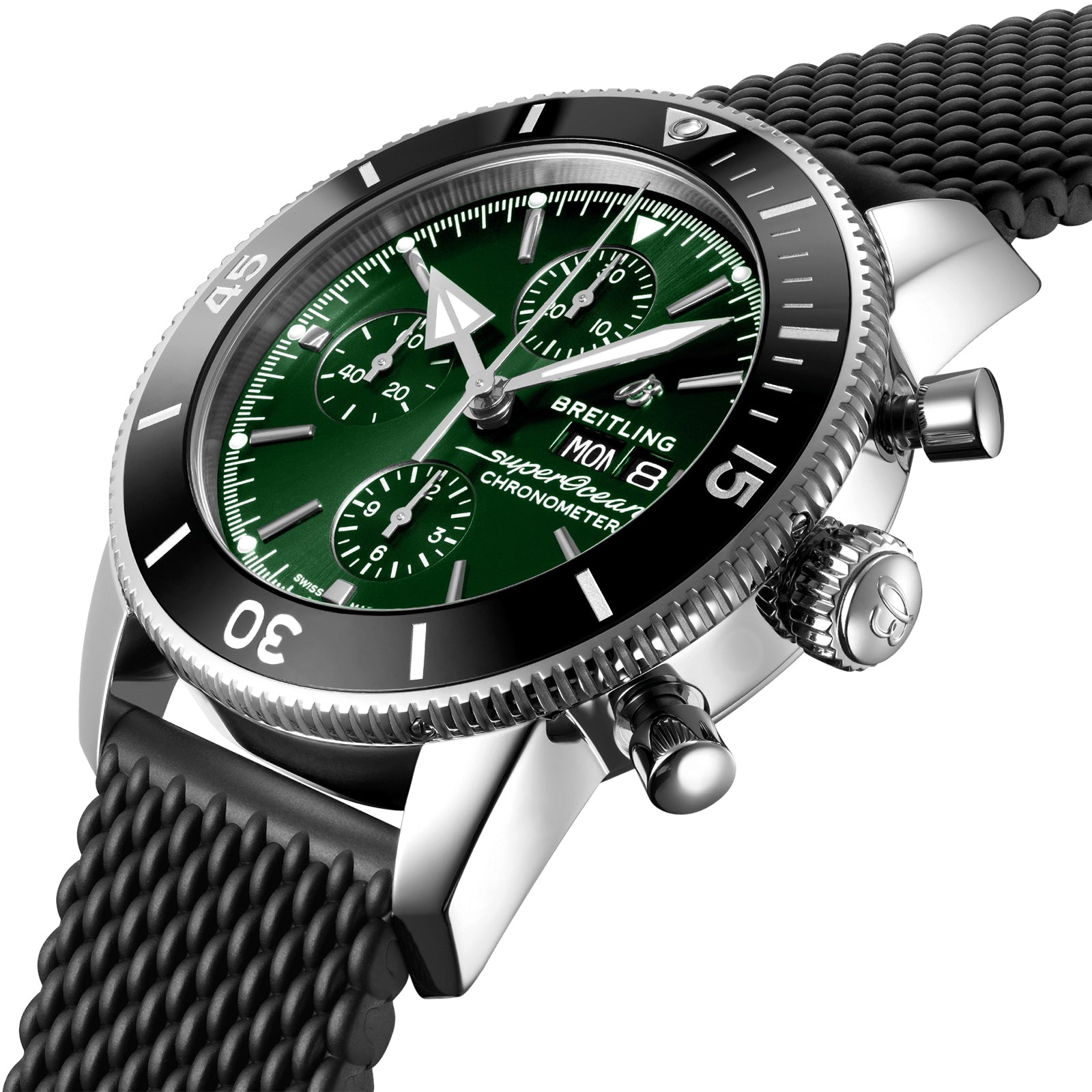 A close-up of the Breitling Superocean Heritage Chronograph 44 featuring a green dial, black bezel, black textured strap, day/date display, three subdials, and notable water resistance.