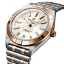 The Breitling Chronomat Automatic 36 features a silver and rose gold bezel, mother-of-pearl dial with diamond hour markers, and a silver metal link bracelet.