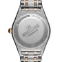 The Breitling Chronomat Automatic 36 features engraved branding and certification on the caseback, a silver and rose gold bracelet, and a luxurious mother-of-pearl dial with diamond-set hour markers.
