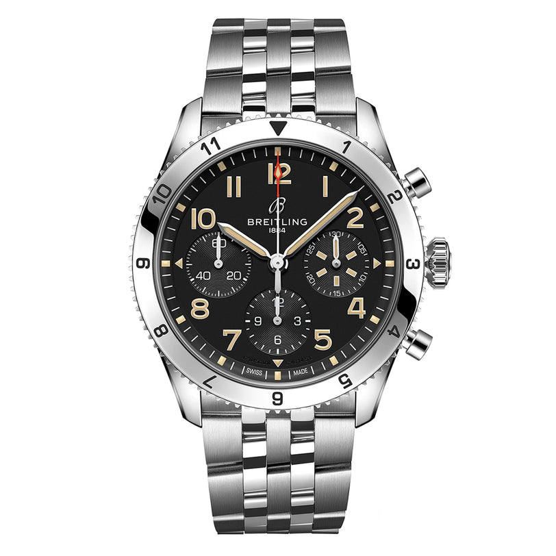 The Breitling Classic AVI Chronograph 42 P-51 Mustang is a stainless steel pilot’s watch featuring a black dial, three subdials, luminous hands and markers, and a metal bracelet, inspired by aviation heritage.
