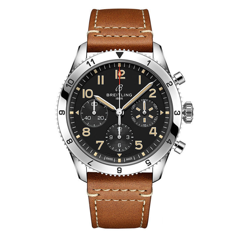 The Breitling Classic AVI Chronograph 42 P-51 Mustang features a black dial, silver case, three subdials, and a brown leather strap—powered by the precise Breitling 23 calibre. Perfect for pilot watch enthusiasts.