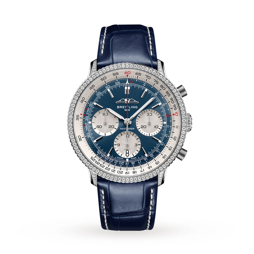 The Breitling Navitimer B01 Chronograph 41 features a stainless steel case, blue dial with three subdials, diamond bezel, blue leather strap, and is powered by the precise Breitling 01 calibre.