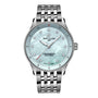 The Breitling Navitimer Automatic GMT 41 is a silver watch featuring a blue mother-of-pearl dial with diamond hour markers.
