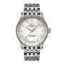 The Breitling Navitimer 32 boasts a stainless steel bracelet, white dial with diamond hour markers, minimalist design, and precise SuperQuartz™ movement for outstanding accuracy.