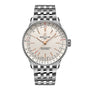 The Breitling Navitimer Automatic 36 is a silver chronograph wristwatch with a white dial, metal link band, and rose gold-tone hour markers and hands.