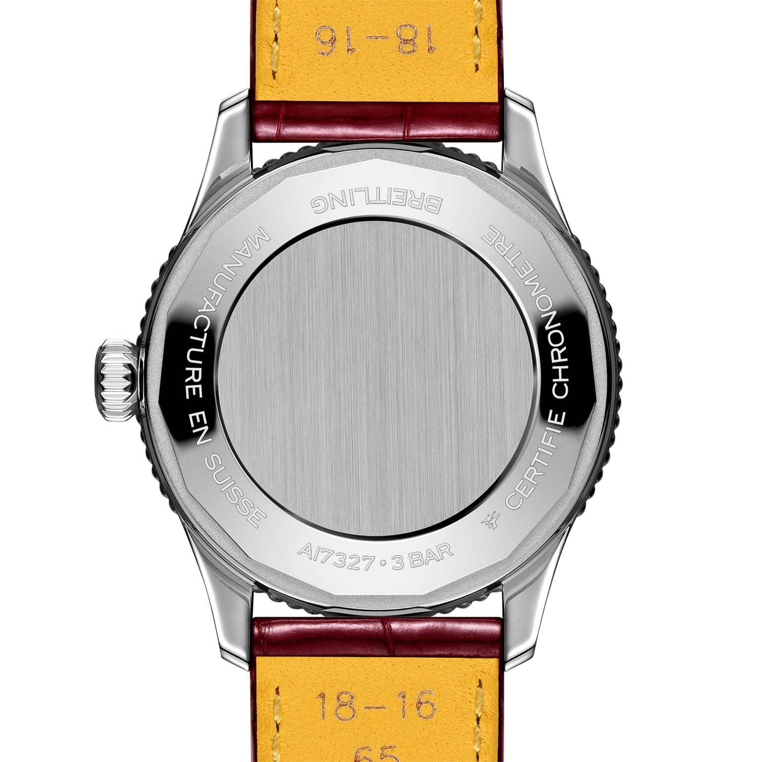 The image displays the back of a Breitling Navitimer Automatic 36, featuring a 36mm stainless steel case, leather strap, and engraved manufacturer details around the edge.