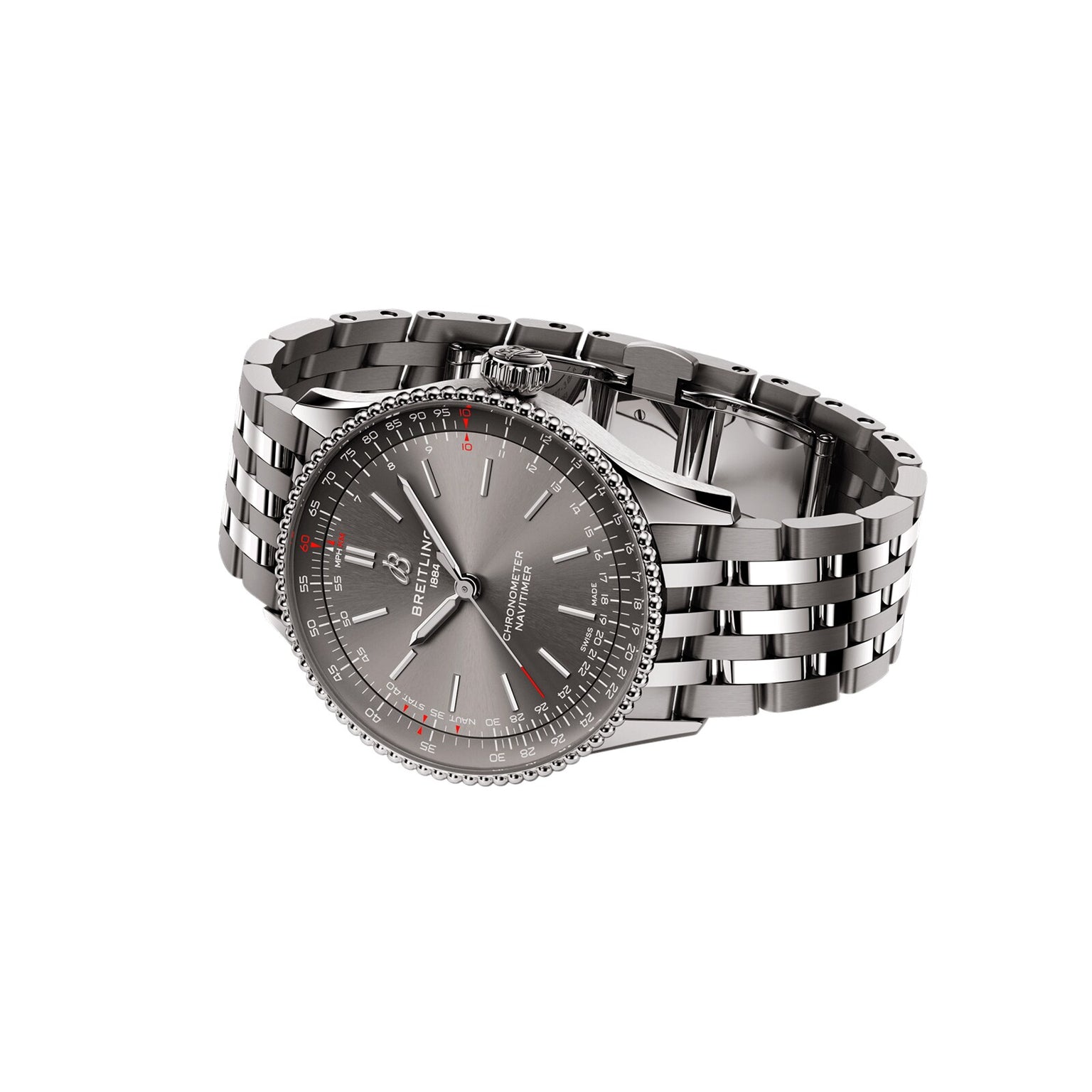 The Breitling Navitimer Automatic 36 wristwatch features a stainless steel band, gray dial, date display, and textured bezel, shown against a white background.