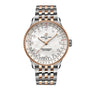 The Breitling Navitimer Automatic 36 features a silver and rose gold metal band, a white dial with diamond hour markers, and detailed measurement markings.