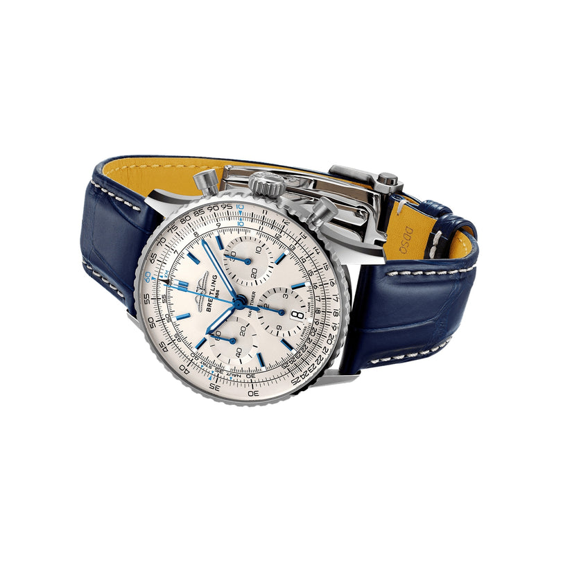 The Breitling Navitimer B01 Chronograph 41 features a silver case, white dial, blue hands, and a blue leather strap with white stitching—an elegant aviator-inspired wristwatch.