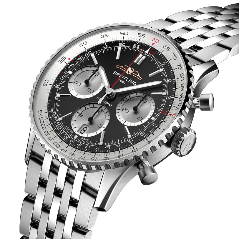 The Breitling Navitimer B01 Chronograph 41 features a stainless steel case, black dial, three subdials, date display, and metal bracelet, embodying the brands aviation heritage and precise chronograph movement.