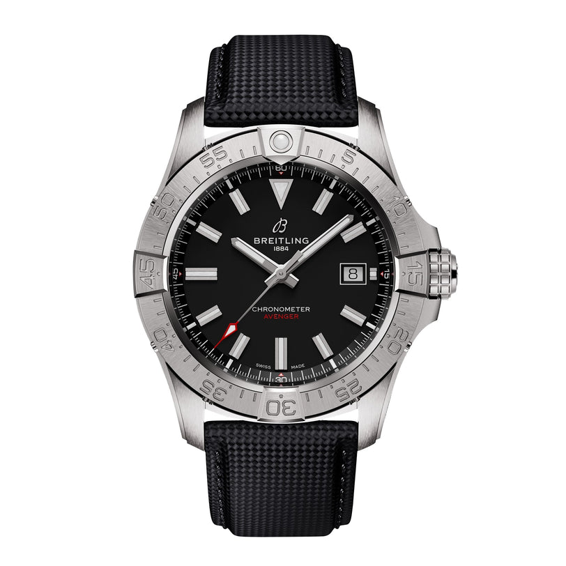 The Breitling Avenger Automatic 42 features a black dial, stainless steel case, silver bezel, date display at 3 o’clock, and a black textured strap.
