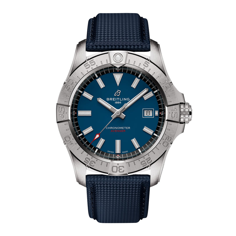 The Breitling Avenger Automatic 42 features a blue dial, silver bezel, date display at 3 o’clock, textured blue strap, and is powered by the Breitling 17 calibre movement.