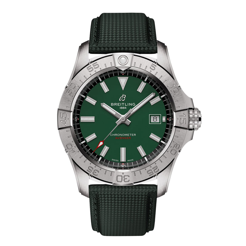 The Breitling Avenger Automatic 42 features a green dial, silver bezel, date at 3 o’clock, silver hands and hour markers with white accents, and a green textured strap. It’s powered by a self-winding mechanical movement.
