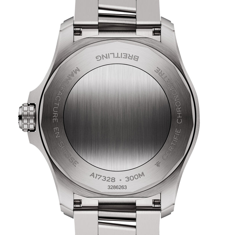Back view of the Breitling Avenger Automatic 42 in stainless steel, highlighting inscriptions on water resistance, Swiss manufacture, and certification—driven by the accurate Breitling 17 calibre movement.