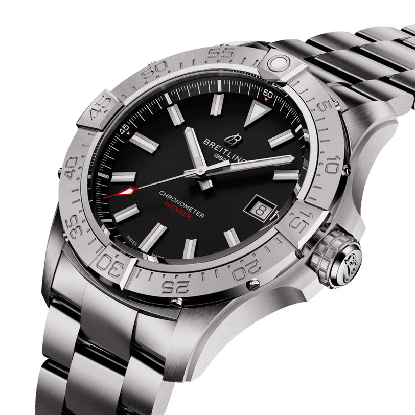 The Breitling Avenger Automatic 42 is a stainless steel watch with a military-inspired black dial, silver markers, a date window at 3 o’clock, and a red second hand.