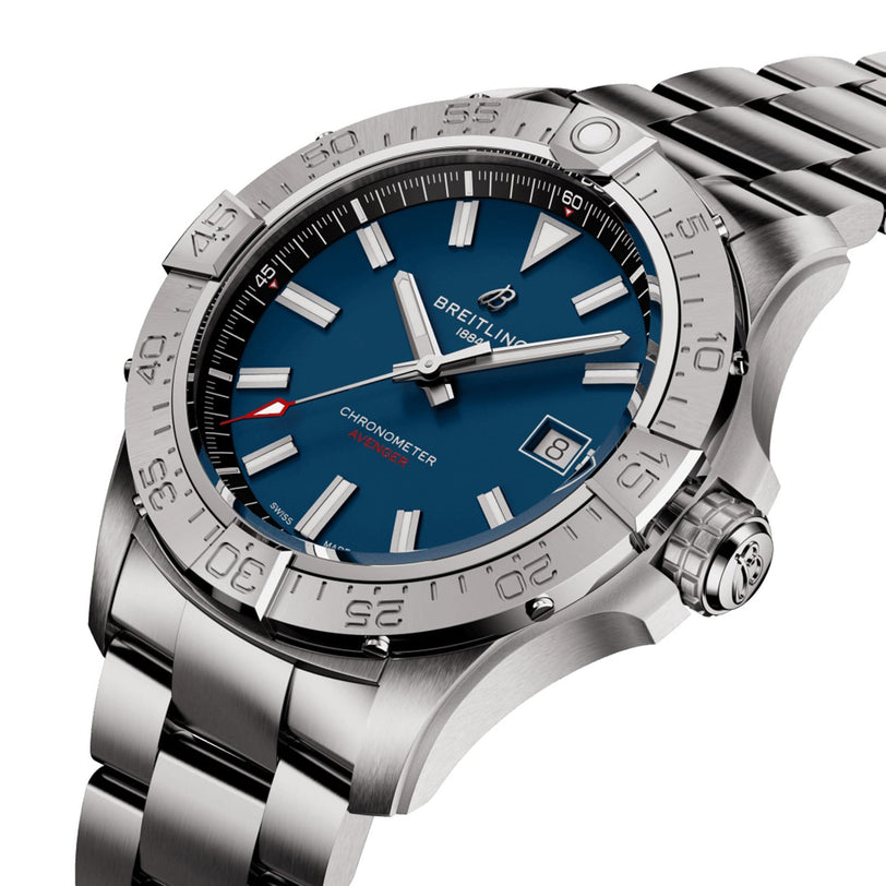 The Breitling Avenger Automatic 42 is a stainless steel chronometer wristwatch featuring a blue dial, silver hour markers, military-inspired design, date at 3 o’clock, and a metal link bracelet.