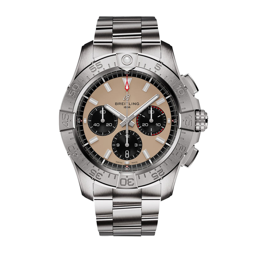 The Breitling Avenger B01 Chronograph 44 features a silver metal band, beige and black chronograph dial with three subdials, rotating bezel, and Breitling 01 calibre movement, shown on a white background.
